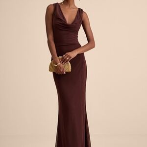 Lulus Stunning Mystery Brown Mesh Cowl Back Mermaid Maxi Dress - Size M